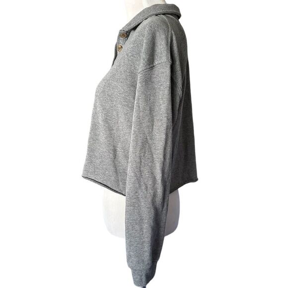 Wild Fable Gray Polo Button Long Sleeved Casual Relaxed Cropped Shirt Top - Picture 3 of 6